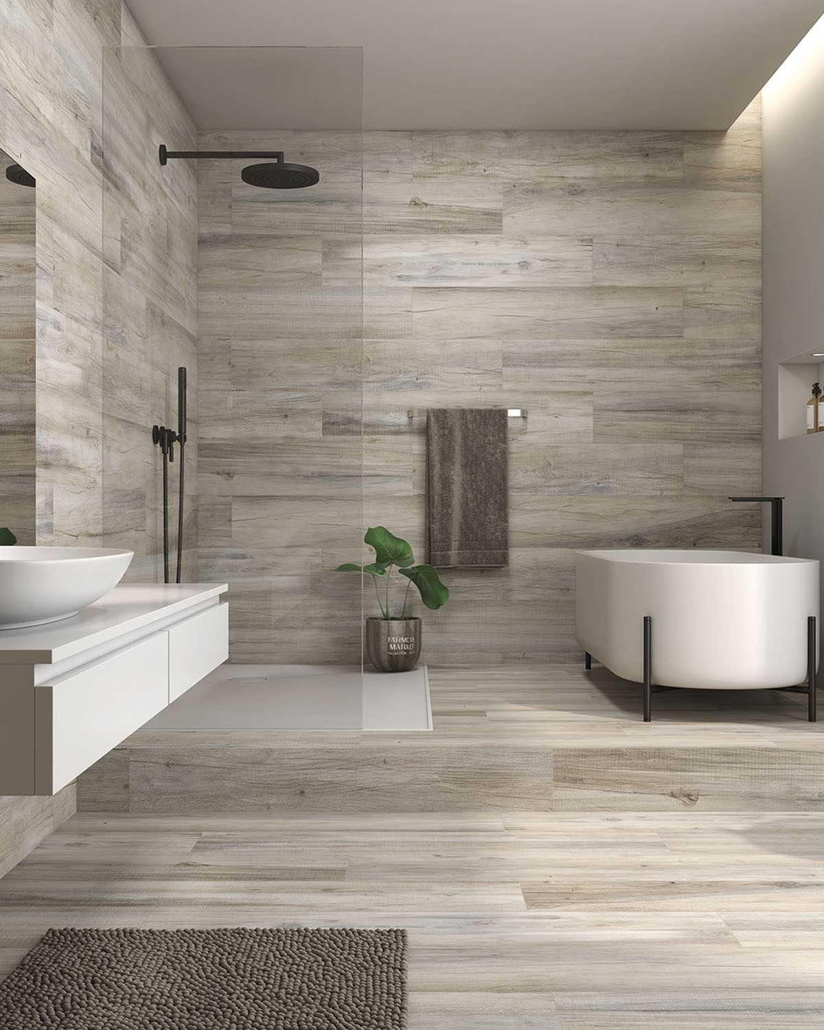 salle de bain ceramique imitation bois comme couvre-plancher