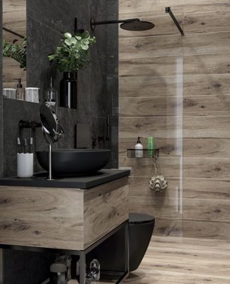 salle de bain renovation avec ceramique imitation bois